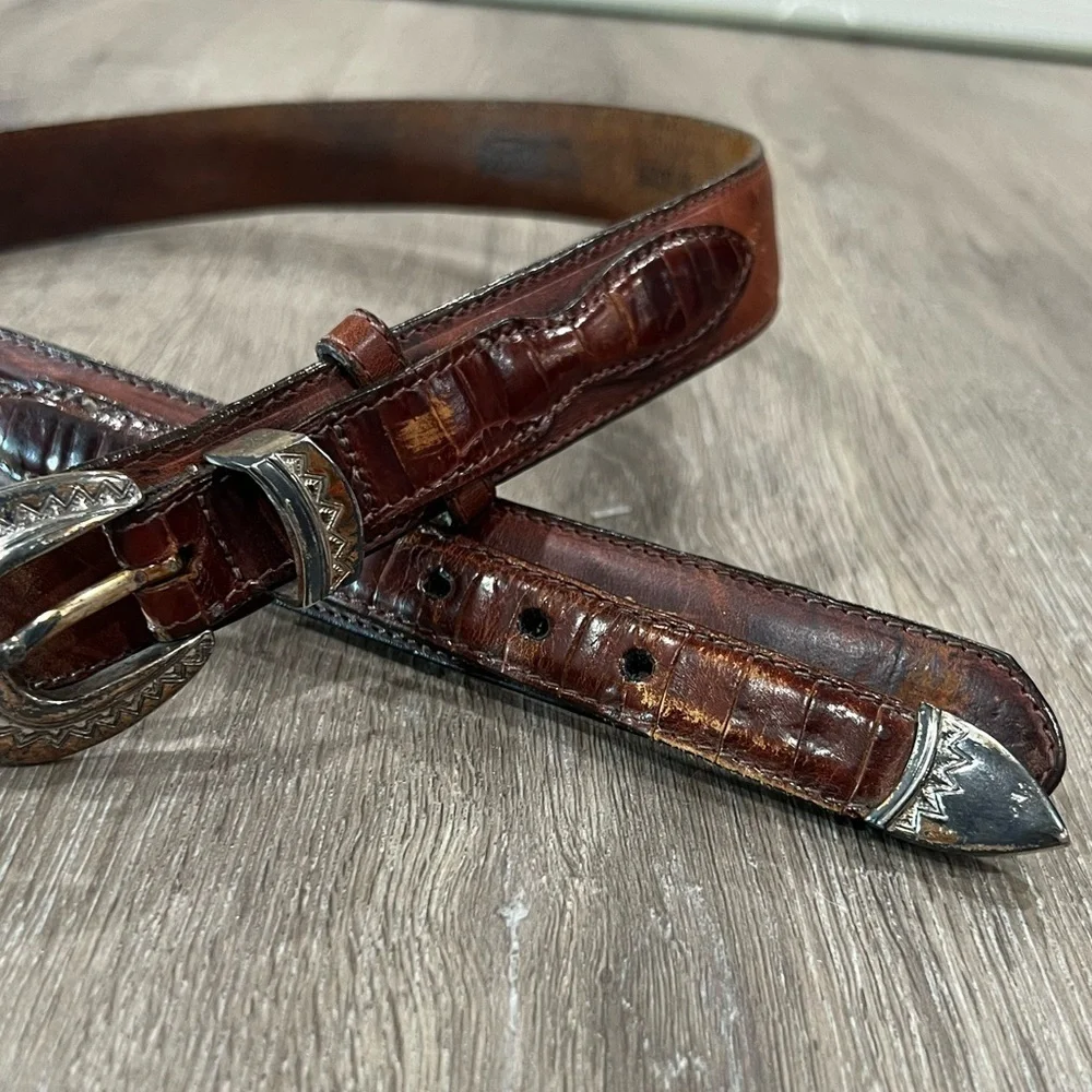 Vintage Brighton Hand Made USA Leather Patina Silver Buckle Clasp Ornate